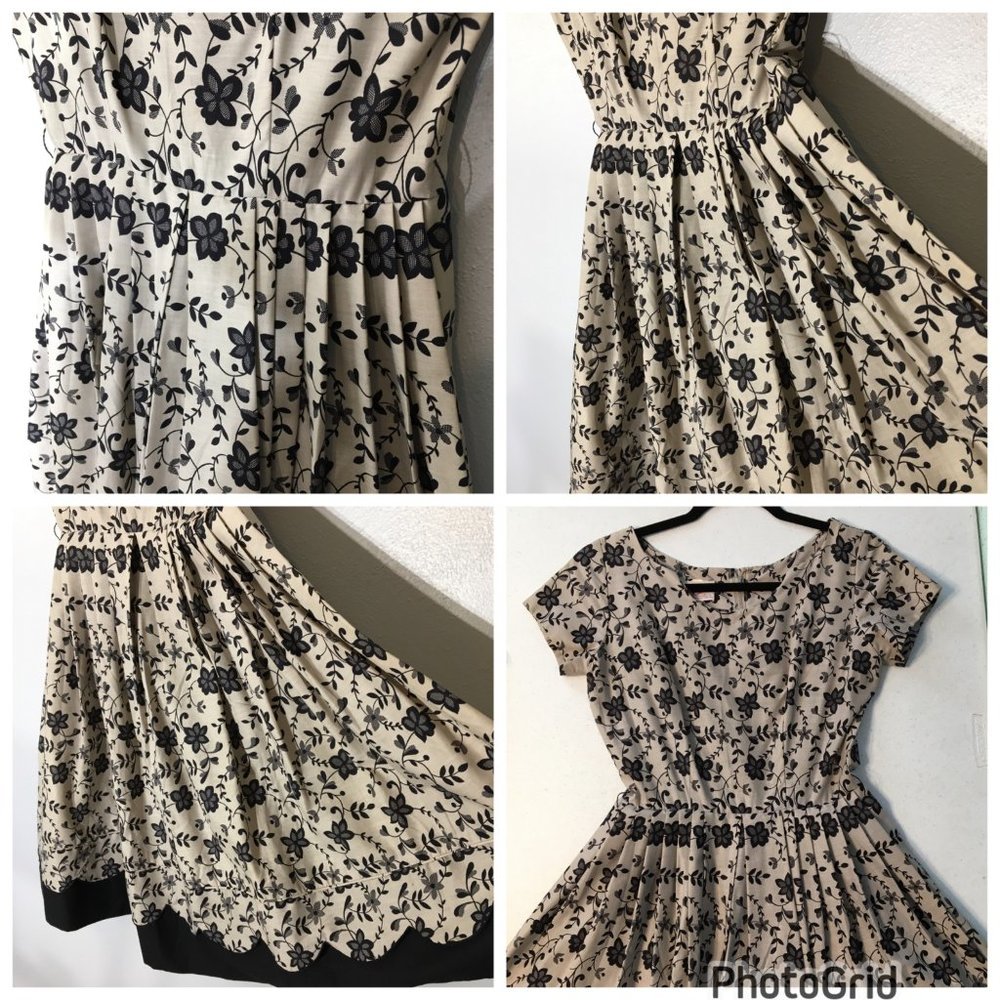 Vintage 50s Tan Floral Fit and Flare Party Dress Matching Belt Pleated Skirt VLV - Picture 7 of 16